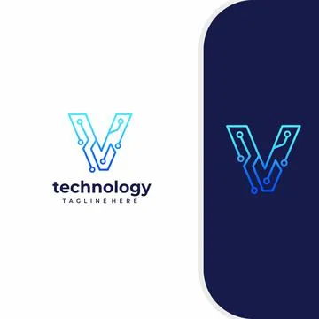 Letter V Technology, Line Dot Connection Logo Stock Illustration