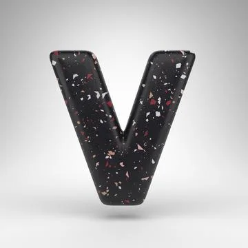 Letter V uppercase on white background. 3D letter with black terrazzo pattern Stock Illustration