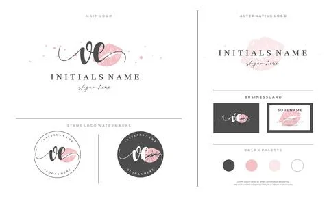 Letter VE V E Initial handwriting logo template with lipstick kiss or makeup Stock Illustration
