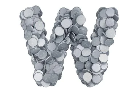 Letter W from button cells, 3D rendering Illustrazione stock