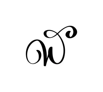 Letter W with curved left loop and swirling top right swash, elegant black ink Illustration