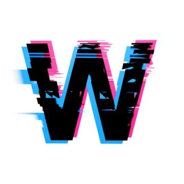 Letter W distorted neon glitch effect text font. 3D Render Stock Illustration