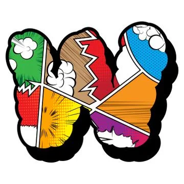 Letter W filled with comic book explosion, background. Illustrazione stock