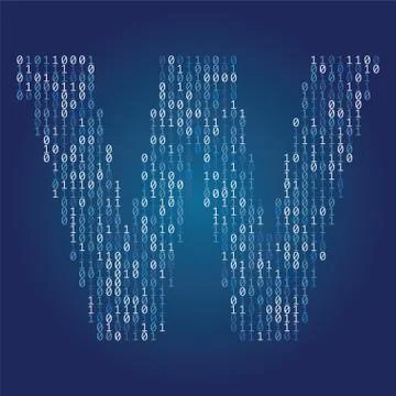 Letter W font made from binary code digits on a dark blue background Stock Illustration