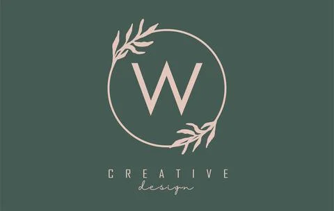 Letter W Logo with circle frame and pastel leaves design. Rounded vector illu Stock Illustration