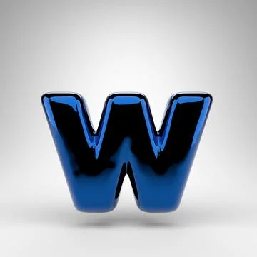 Letter W lowercase on white background. Blue chrome 3D letter with glossy sur Ilustração Stock