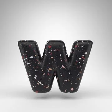 Letter W lowercase on white background. 3D letter with black terrazzo pattern Stock Illustration