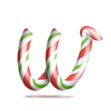 Letter W Vector. 3D Realistic Candy Cane Alphabet Symbol In Christmas Colours Stock Illustration
