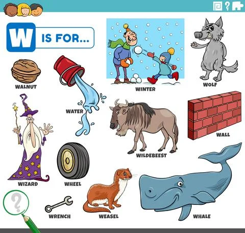 Letter w words educational set with cartoon characters Illustrazione stock