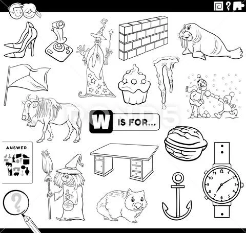 Letter w words educational task coloring book page Illustration #154806872