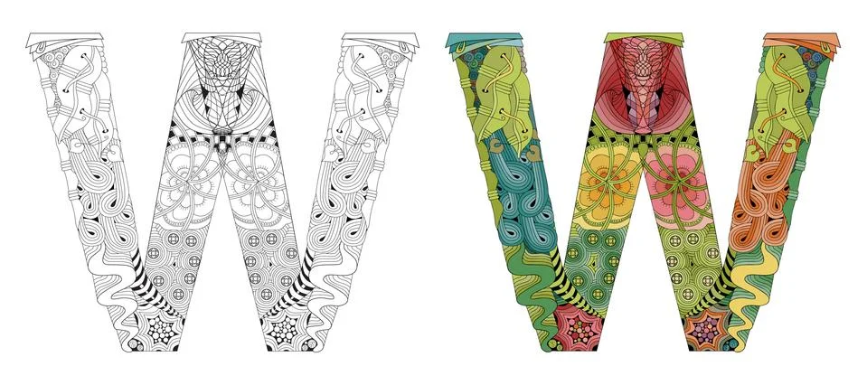Letter W zentangle for coloring. Vector decorative object Stockillustratie