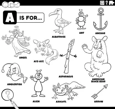 Letter a words educational set coloring book page Illustrazione stock