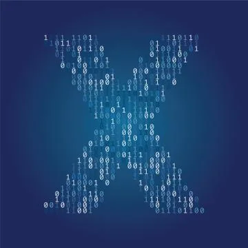 Letter X font made from binary code digits on a dark blue background Stock Illustration