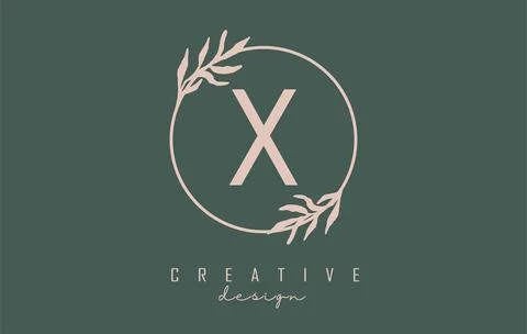Letter X Logo with circle frame and pastel leaves design. Rounded vector illu Stock Illustration