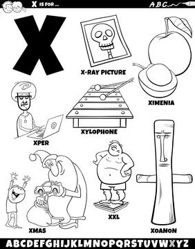 Letter X set with cartoon objects and characters coloring page Stock Illustration