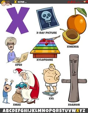 Letter X set with cartoon objects and characters 스톡 일러스트