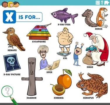 Letter x words educational set with cartoon characters educational cartoon... Stock Photos