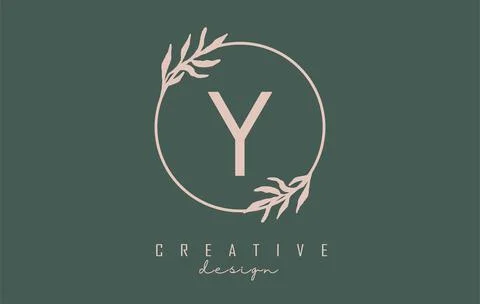 Letter Y Logo with circle frame and pastel leaves design. Rounded vector illu Stock Illustration