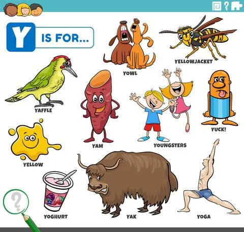 Letter y words educational set with cartoon characters Illustrazione stock
