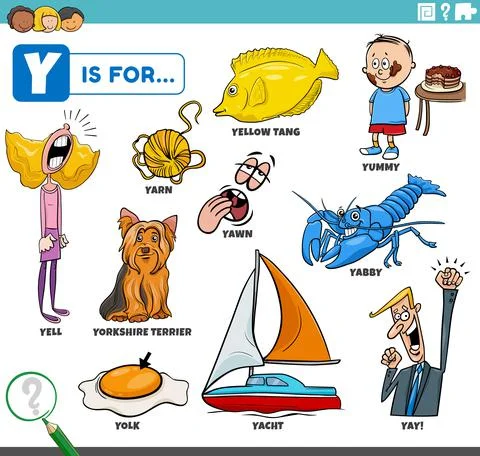 Letter y words educational set with cartoon characters Illustrazione stock