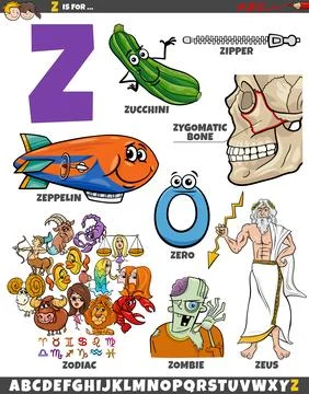 Letter Z set with cartoon objects and characters Stock Illustration