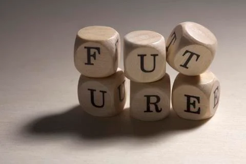 Lettered cubes stacked to spell the word future Stock Photos