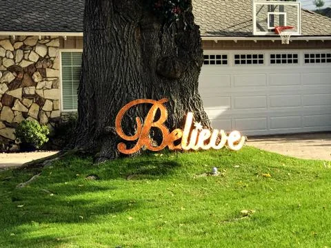 Lettering "Believe" in front of the massive tree Stock Photos