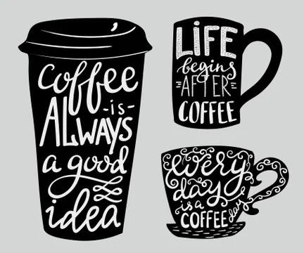 Lettering on coffee cup shape set Stock Illustration