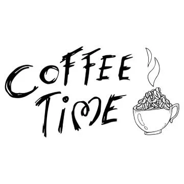 Lettering "coffee time". Vector illustration of a cup with coffee beans. Stock Illustration
