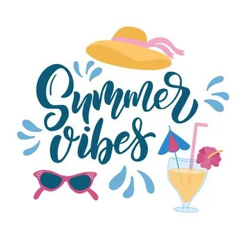 Lettering composition about summer - summer vibes - with decorative elements, in Stock Illustration