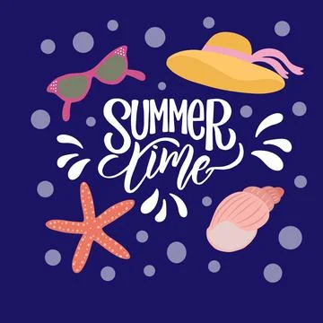 Lettering composition about summer - summer time - with decorative elements, in Illustrazione stock