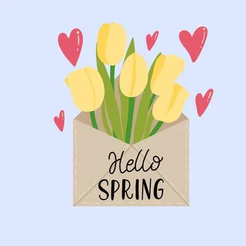 Lettering composition - envelope, tulip bouquet and inscription hello spring - Stock Illustration