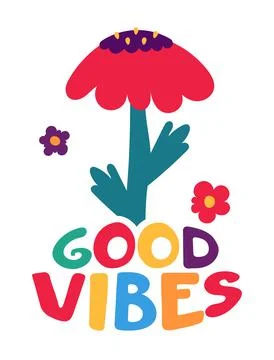 Lettering with a flower pattern in the retro style of the 70s. Good vibes mul Stock Illustration