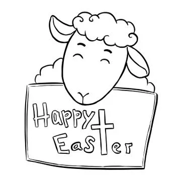 Lettering Happy easter in frame with happy sheep Stock Illustration