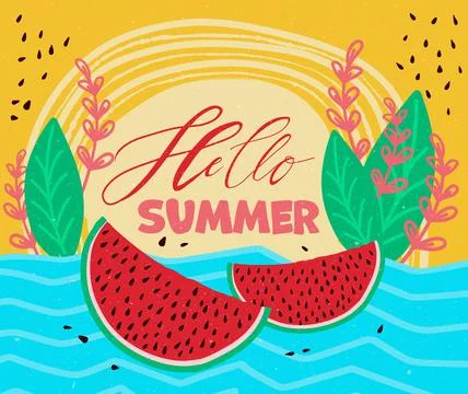 Lettering Hello Summer and bright beautiful watermelon background. Vector ill Stock Illustration