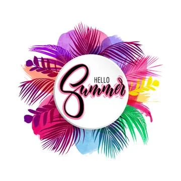 Lettering hello summer wrote by brush. Hello summer calligraphy. Palm leaves Stock Illustration