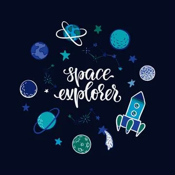 Lettering poster space explorer in space, with planets, stars, rocket. Isol.. Stock Illustration