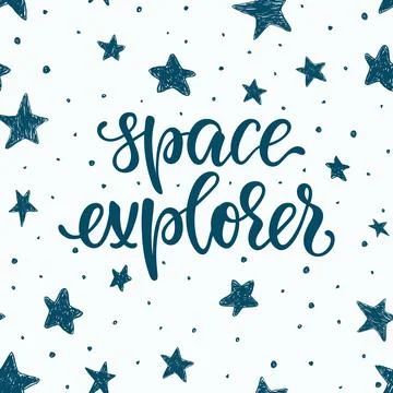 Lettering poster space explorer in space, with planets, stars, rocket. Isol.. Stock Illustration