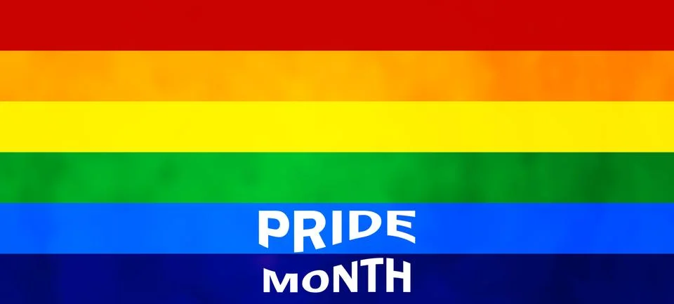 Lettering PRIDE MONTH on gradient rainbow background. LGBT flag. Template design Stock Illustration
