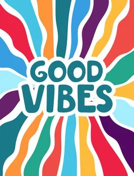 Lettering with a rainbow pattern in the retro style of the 70s. Good vibes mu Stock Illustration
