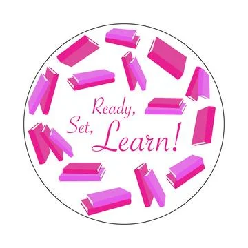 Lettering with school things set with pink books in a circle on white background Stock Illustration