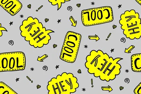 Lettering seamless pattern with kids words cool, hey. Kids typographic hand Stock Illustration