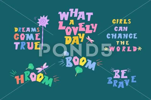 Lettering set in flat cartoon style. Hand drawn kids vector color ...