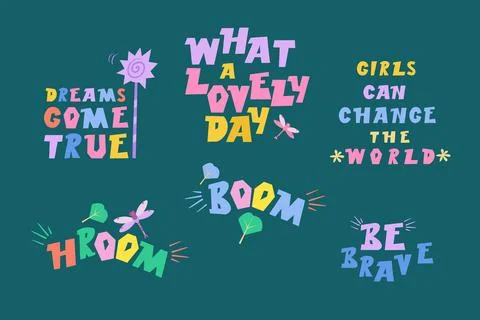 Lettering set in flat cartoon style. Hand drawn kids vector color illustrations Stock Illustration