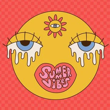 Lettering Summer vibes in lips shape on a round emoji face in groovy style Stock Illustration