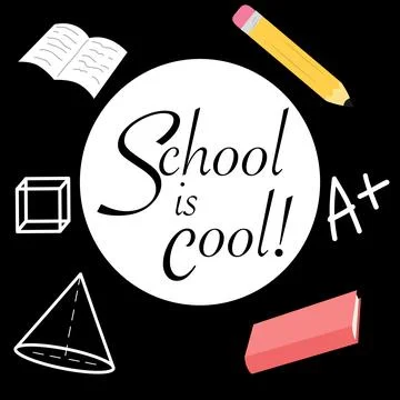 Lettering on white circle with school things set on black pencil bool mark cube Stock Illustration