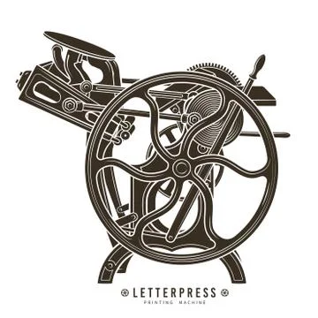 Letterpress printing machine vector illustration. Vintage print logo design Stock Illustration