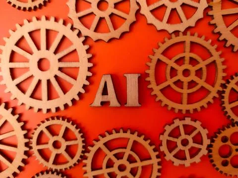 The letters AI Artificial Intelligence surrounded by various wooden gear wh.. Stock Photos