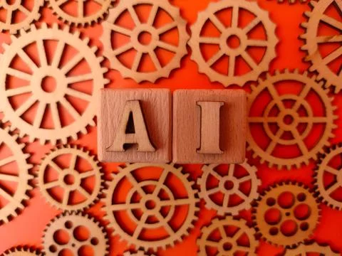The letters AI Artificial Intelligence surrounded by various wooden gear wh.. Stock Photos