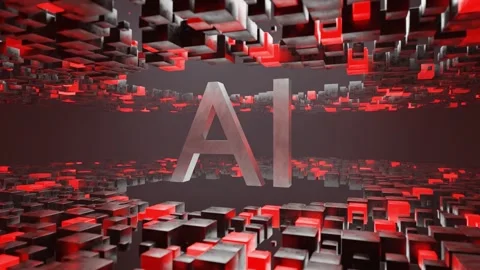 Letters AI in metallic 3D style inside abstract tunnel of red and black cubic Stock Footage 310721643